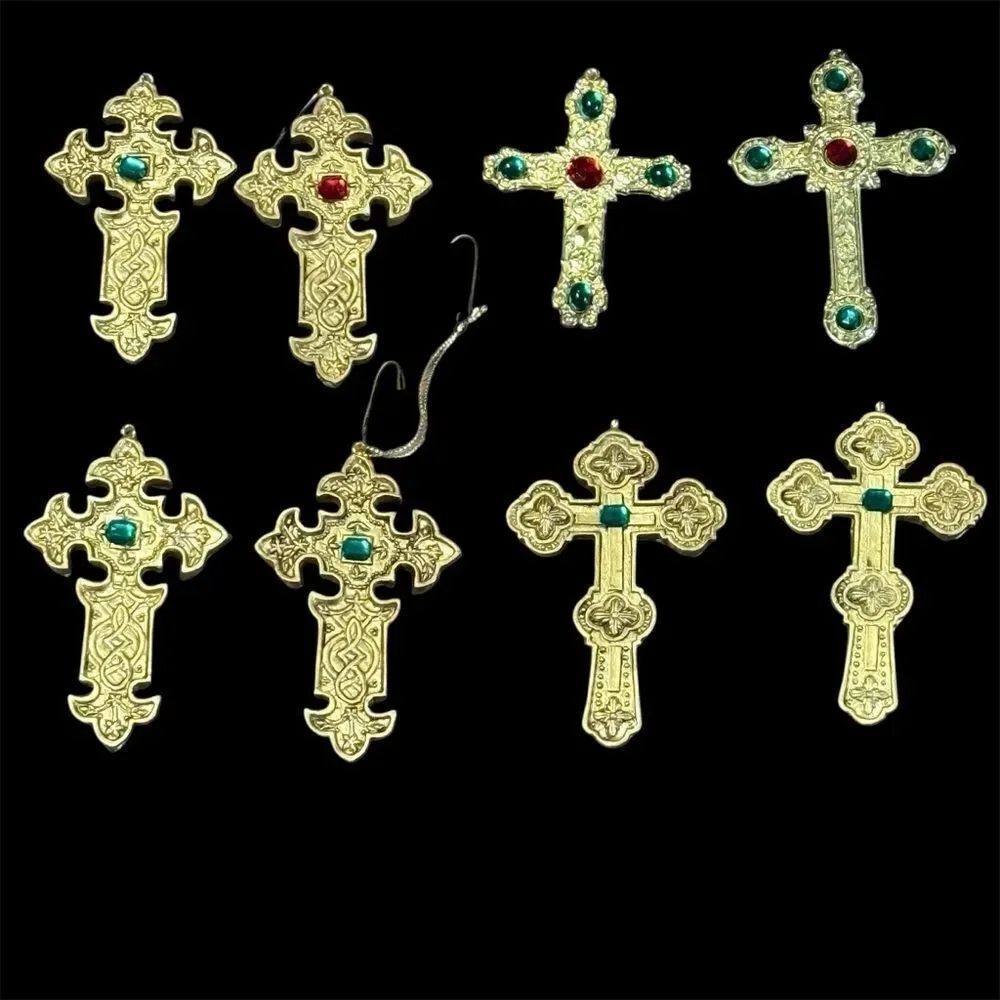 Vintage Set of 8 Gold Ornate Cross Ornaments with Red and Green Gem Accents